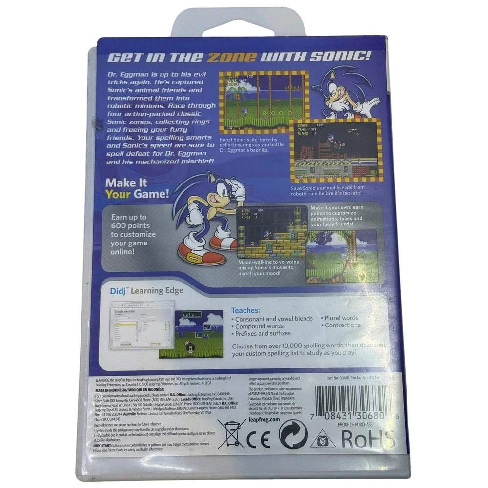 Sonic The Hedgehog LeapFrog Didj Custom Gaming System Educational Spelling Game